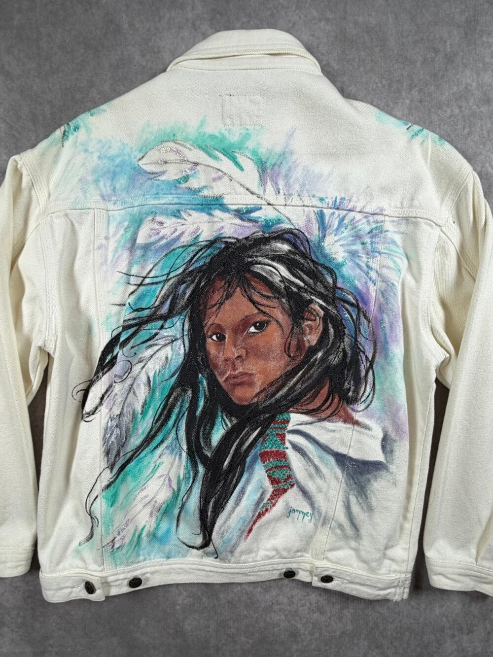 Sunbelt Vintage Women’s Denim Jacket 100% Cotton Hand Painted Native M